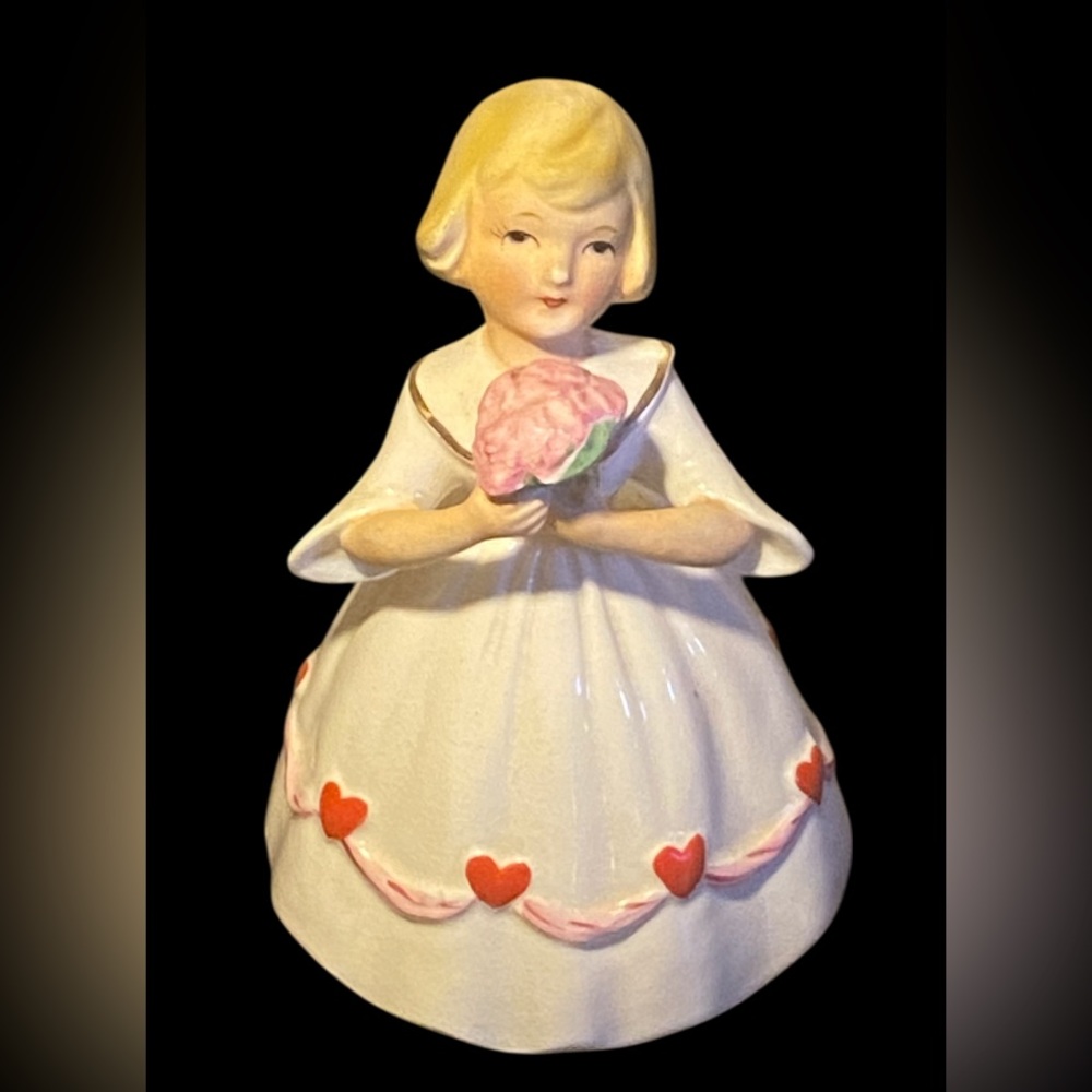 Vintage Girl W/ Flowers Ceramic Heart Dress Figurine